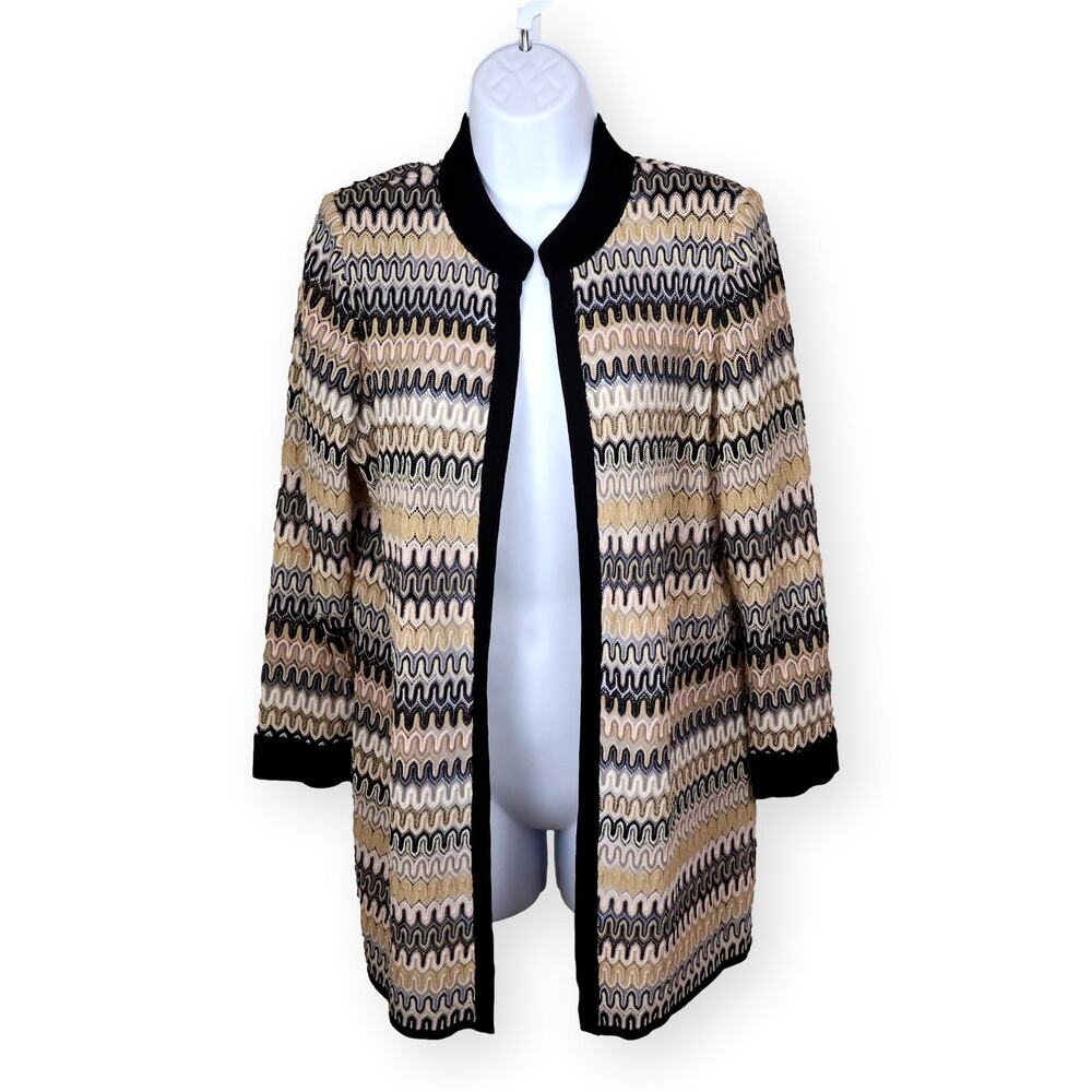 Misook Open Cardigan Large Gold Black Metallic 3/4 Sleeve Sweater M
